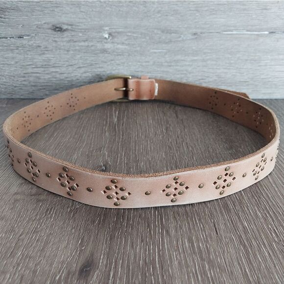 Tan Perforated Stud Belt Brass Tone Buckle 42" Long - Picture 3 of 6